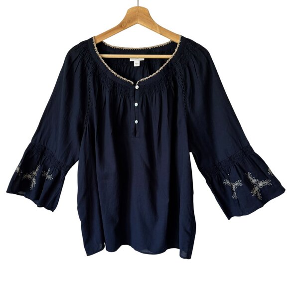 J.Jill Sz Lg Top Pheasant Lightweight Cotton Embroidered 3/4 Sleeve Flowy Summer - Picture 1 of 14
